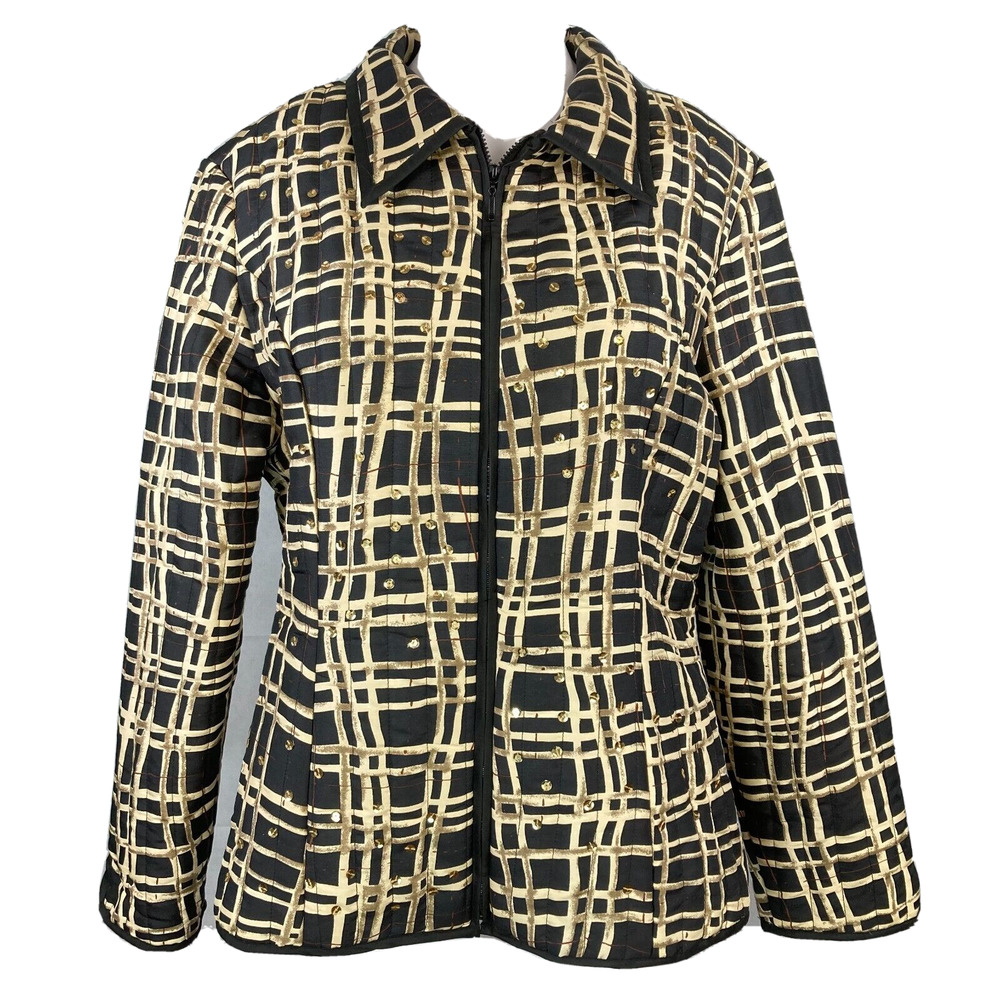 Carole Little Jacket Womens Sz L Black Gold Plaid Silk Quilted Zip Up Puffer